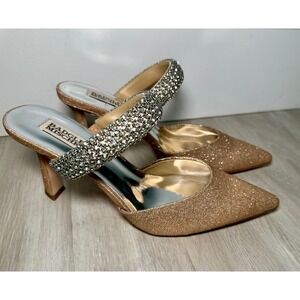Badgley Mischka Rose Gold Glitter Heels Mules Crystal Embellished Pointed Toe 8